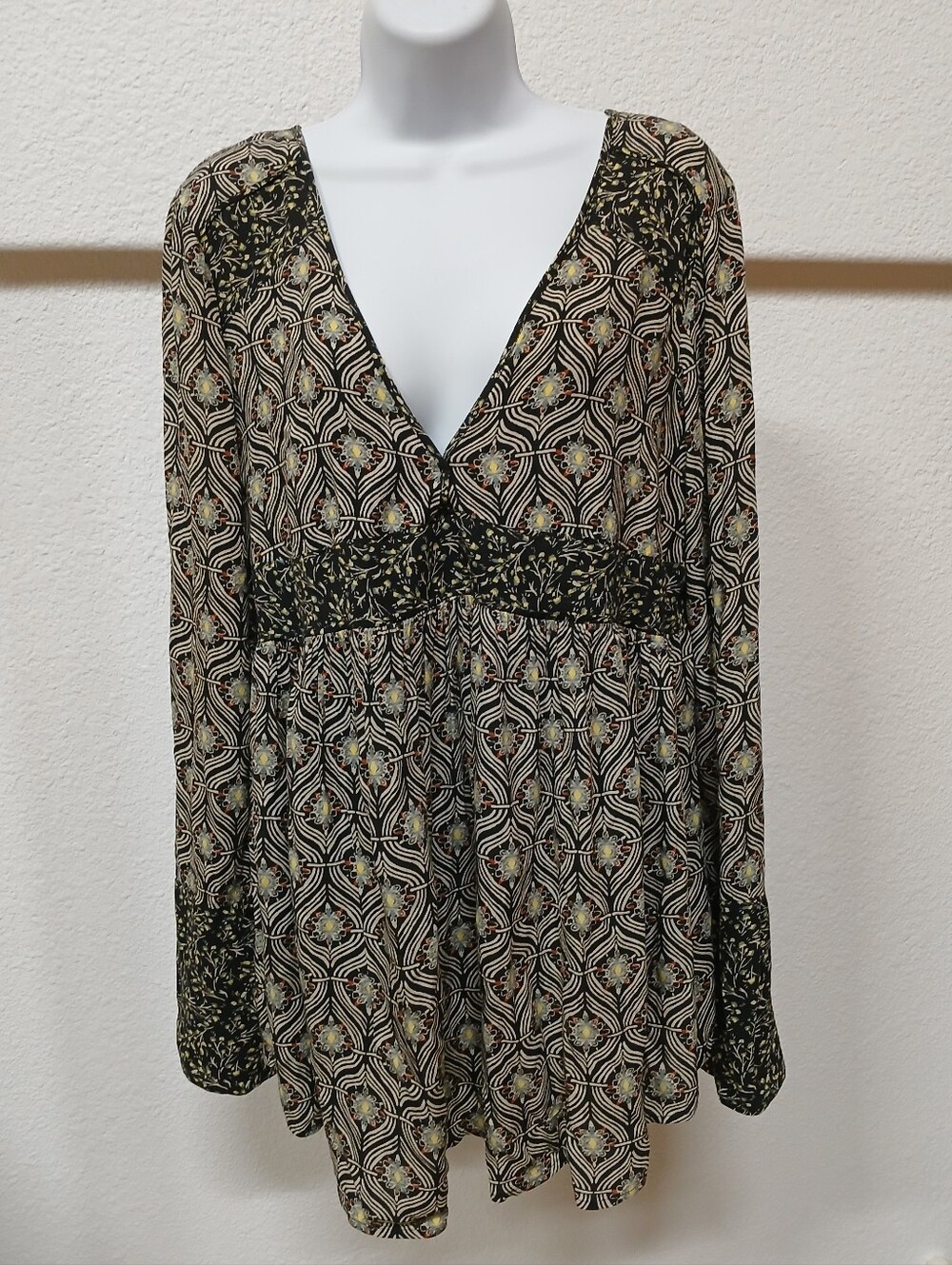 Free People Black Floral Printed Top with Yellow Accents